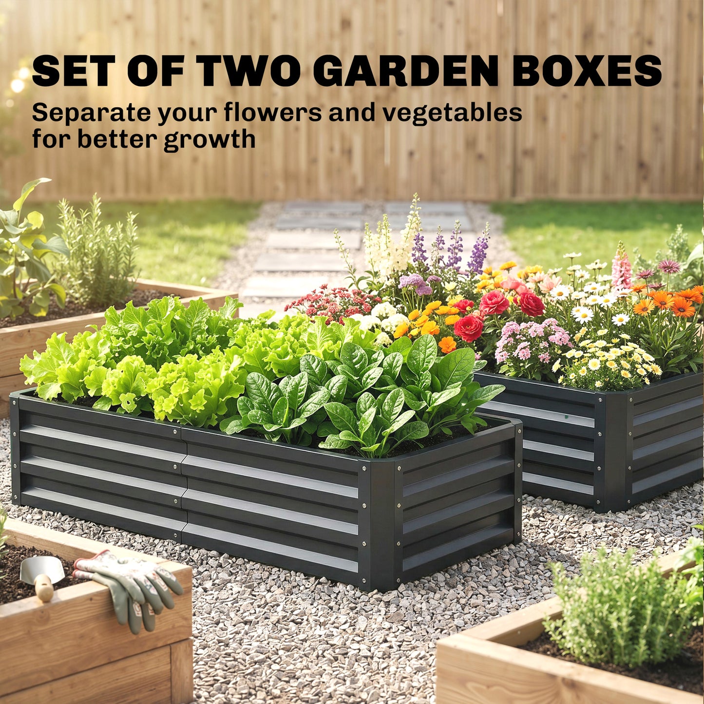 Set of 2 Raised Beds for Garden, Galvanised Outdoor Planters for Herbs Vegetables, Use for Patio Balcony, Grey