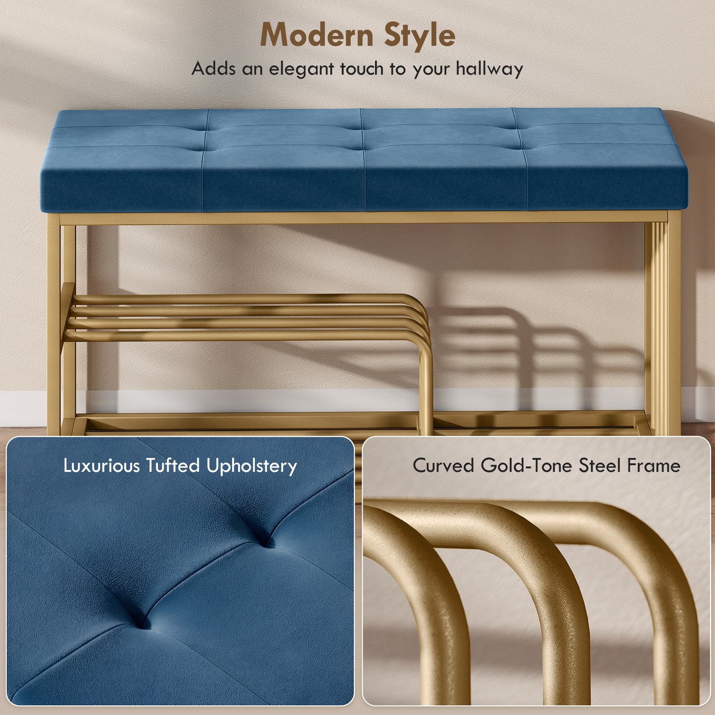 Bench and Shoe Storage, Tufted Shoe Storage Bench with Velvet Seat Cushion Gold Steel Frame for Entryway, Dark Blue