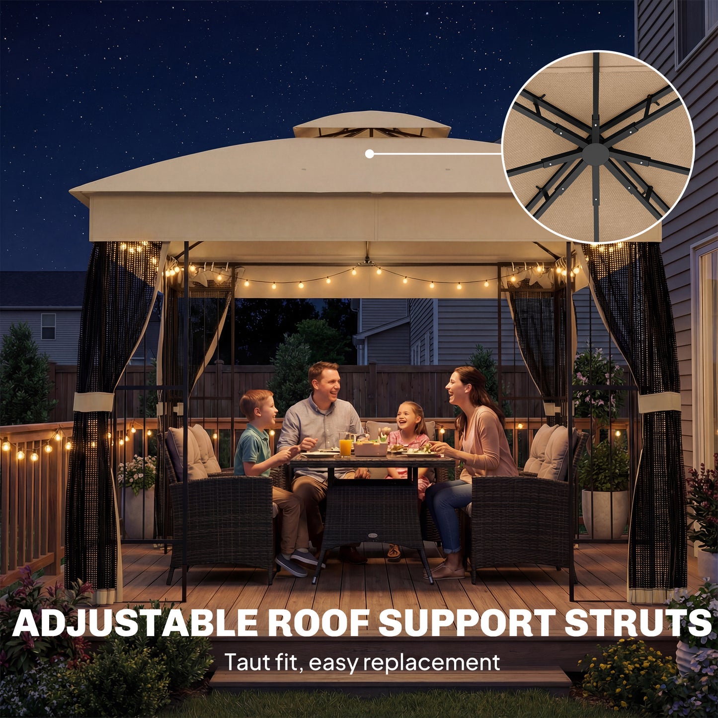 3 x 3 m Outdoor Garden Gazebo with Post Shelves, UPF50+ Double Roof Patio Permanent Pavilion, Brown