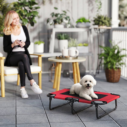 Portable Raised Dog Bed, Elevated Pet Cot with Breathable Mesh for Indoor Outdoor, for Small Medium Dogs, Red