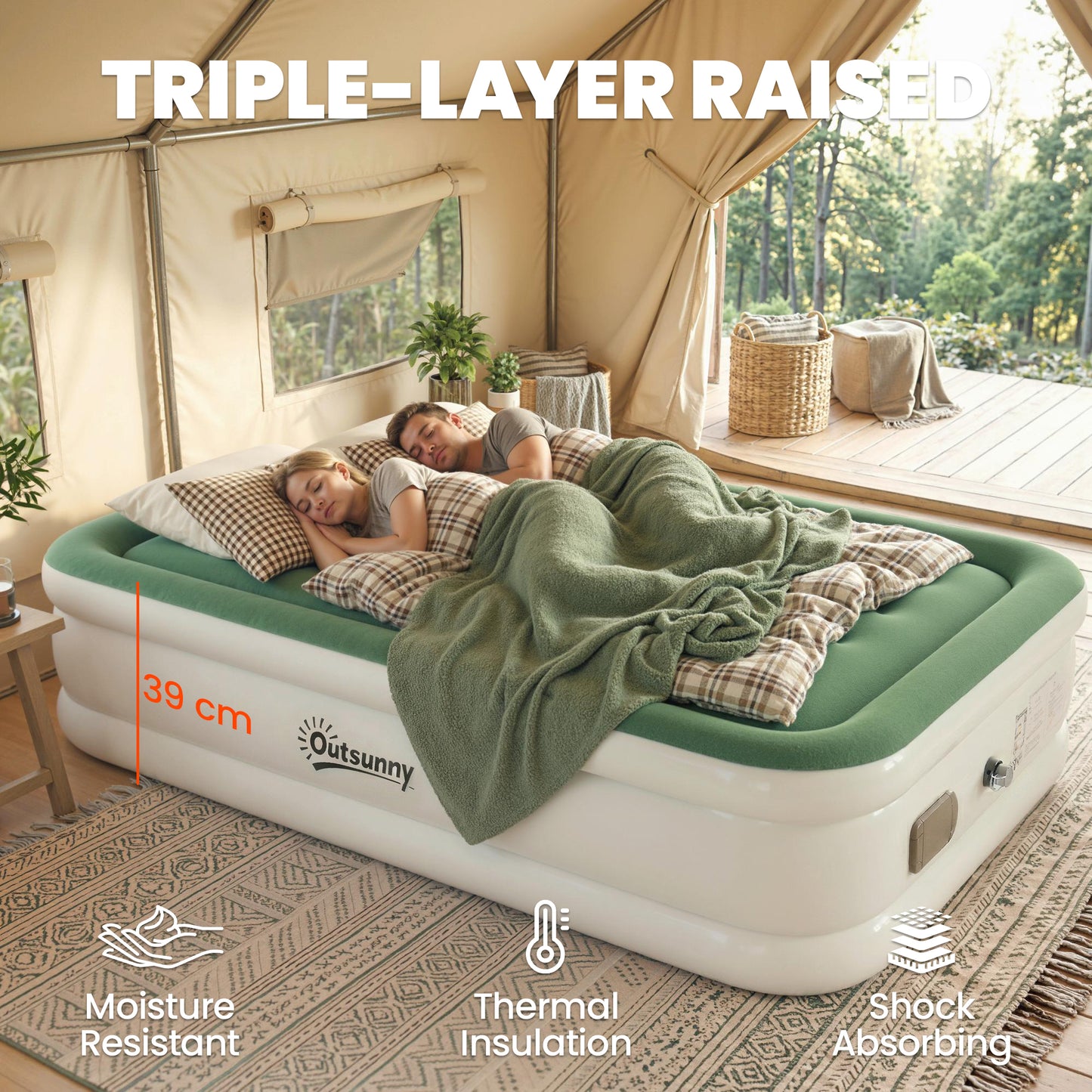 Inflatable Mattress, Double Air Bed with Built-in Electric Pump, 3 Mins Inflation, Flocked Surface, Dark Green