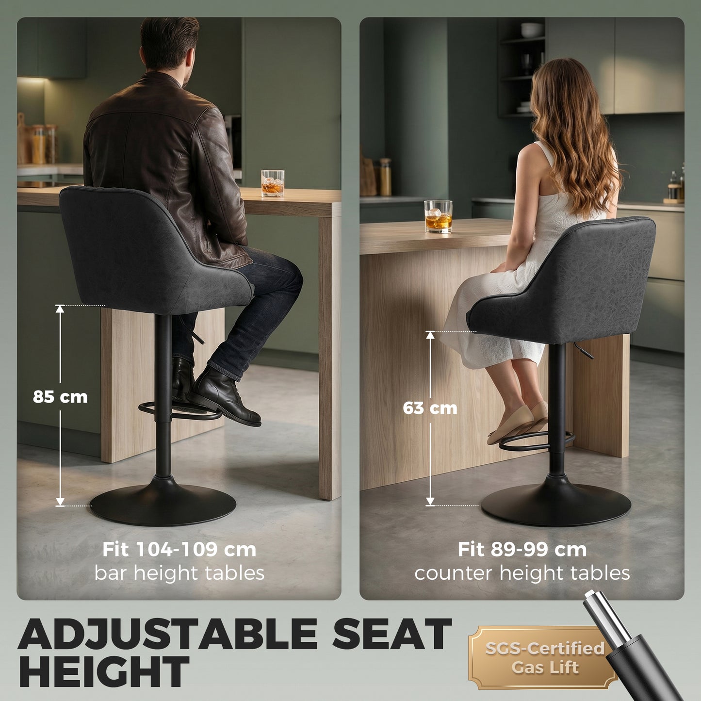 Bar Stools Adjustable Swivel Kitchen Chairs with Backrest Set of 2 for Kitchen Island Black