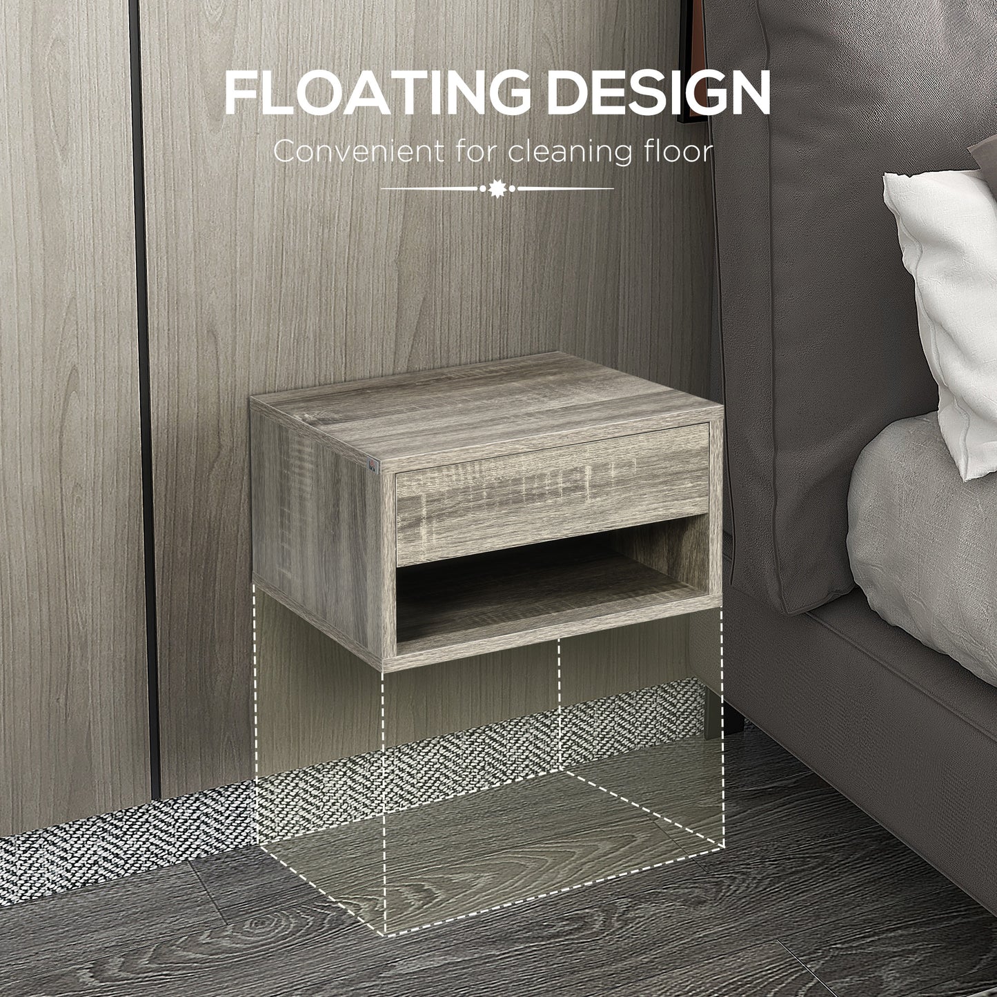 Floating Bedside Tables Set of 2, Wall Mounted Nightstand, Grey Wood Effect