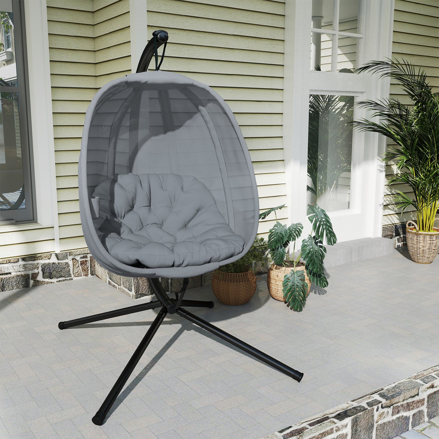 Hanging Egg Chair, Folding Texteline Swing Hammock with Side Pocket, Cushion and Stand for Indoor Outdoor
