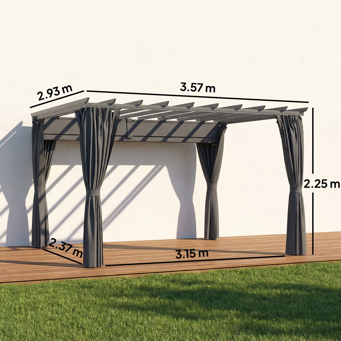 3.6 x 3 m Pergola with Retractable Roof Canopy, Curtains, Aluminium Garden Pergola Gazebo Sun Shade Shelter, Dark Grey