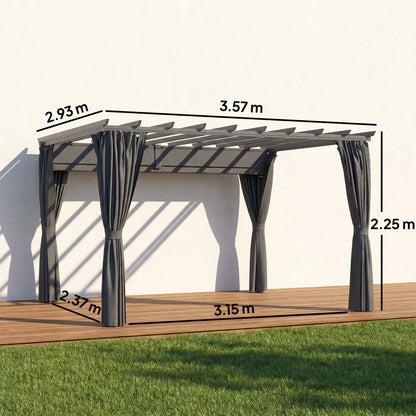3.6 x 3 m Pergola with Retractable Roof Canopy, Curtains, Aluminium Garden Pergola Gazebo Sun Shade Shelter, Dark Grey
