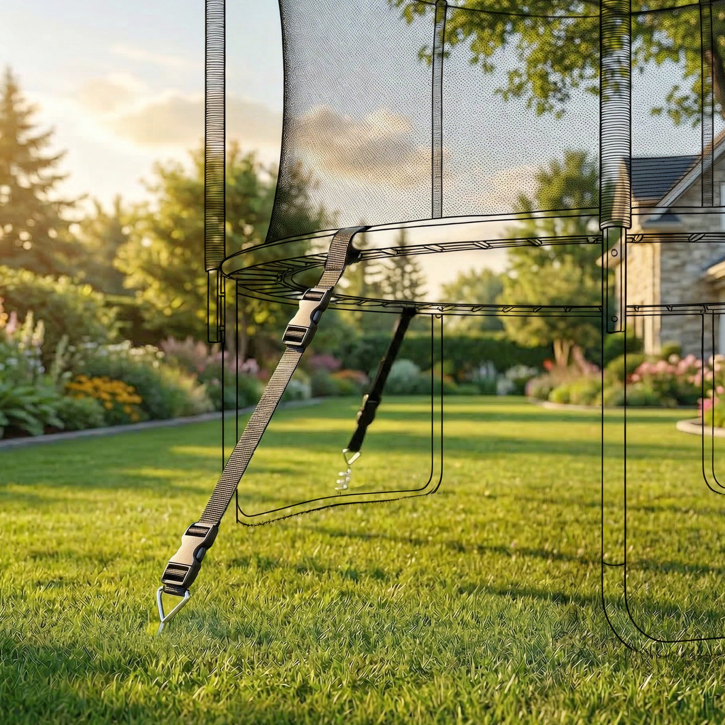 4Pcs Trampoline Anchor Kit, 32 cm Galvanised Trampoline Stakes, Spiral Ground Anchors with Triangle Head, Straps