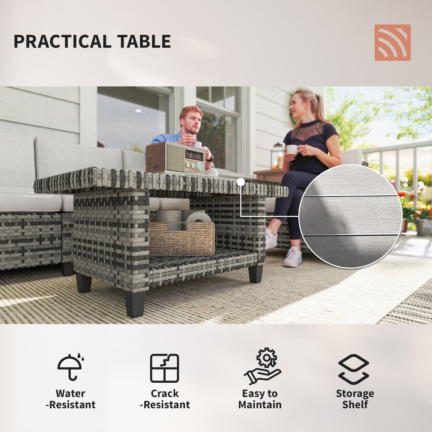 Six-Piece Modular Rattan Sofa Set 5-Seater Garden Furniture Set with Two-tier Table - Light Grey