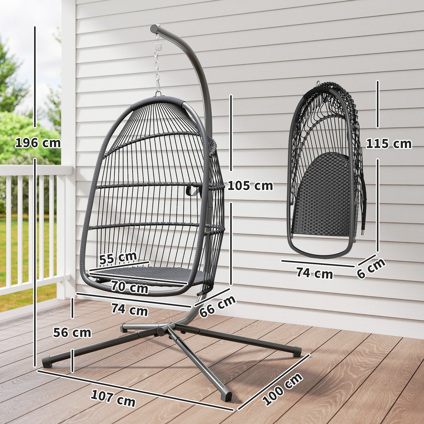 Rattan Hanging Egg Chair with Stand, Foldable Wicker Swing Egg Chair with Cushion, Head Pillow, Steel Frame