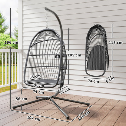 Rattan Hanging Egg Chair with Stand, Foldable Wicker Swing Egg Chair with Cushion, Head Pillow, Steel Frame