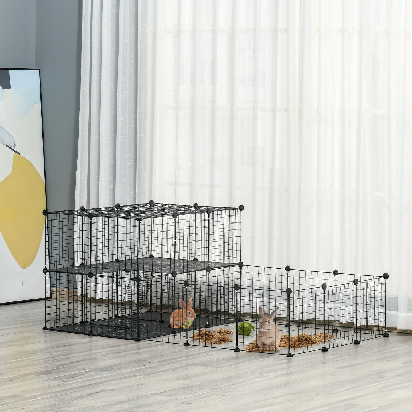 Pet Playpen with Door, Guinea Pigs Metal Mesh Cage for Small Animal, Chinchilla, 175 x 105 x 70 CM, Black