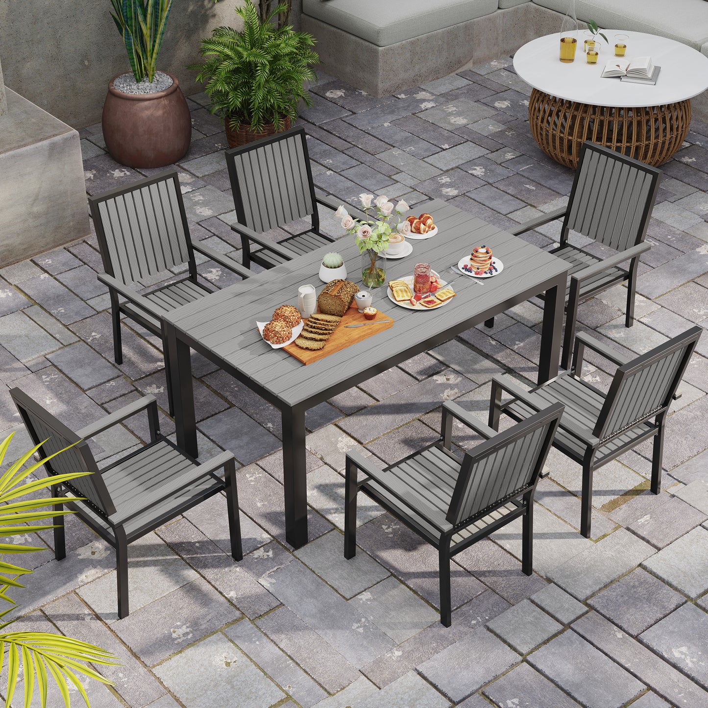 6 Seater Garden Dining Set with Stackable Chairs, Aluminium Frame, Rectangular Plastic Top, Garden Furniture Set