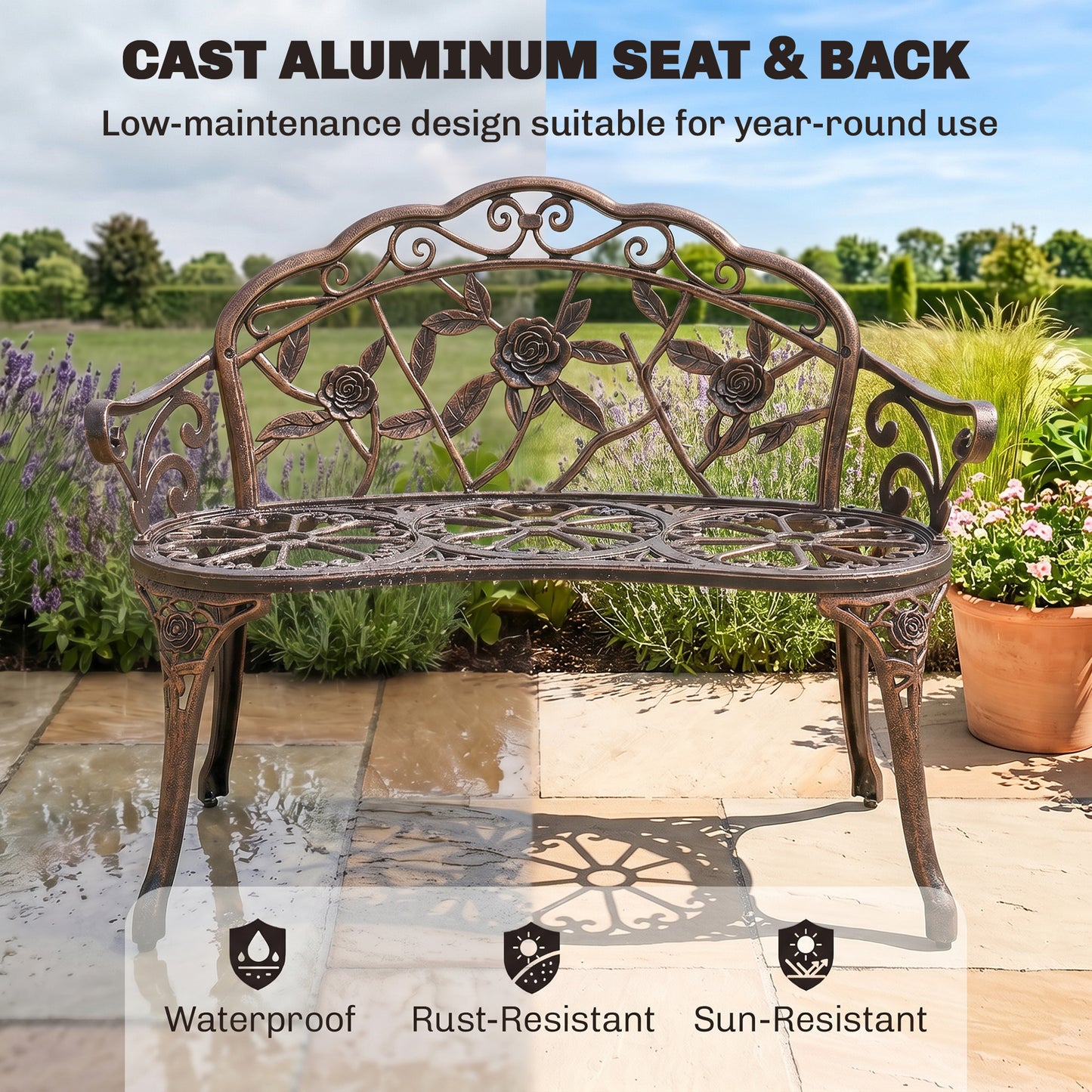 Cast Aluminium Garden Bench - Bronze Tone