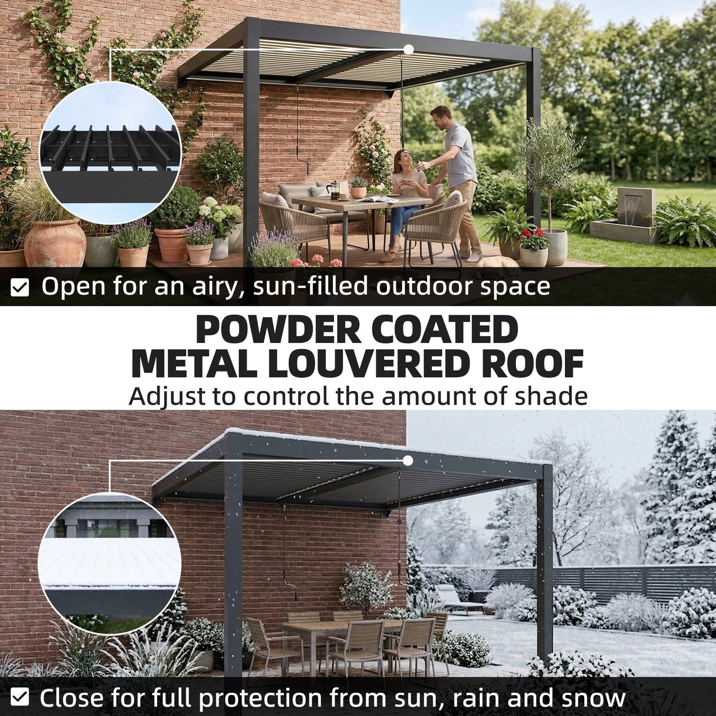 3 x 3 m Louvered Pergola with LED Lights, Metal Louvres, Wall Mounted Aluminium Patio Gazebo Pergola, Dark Grey