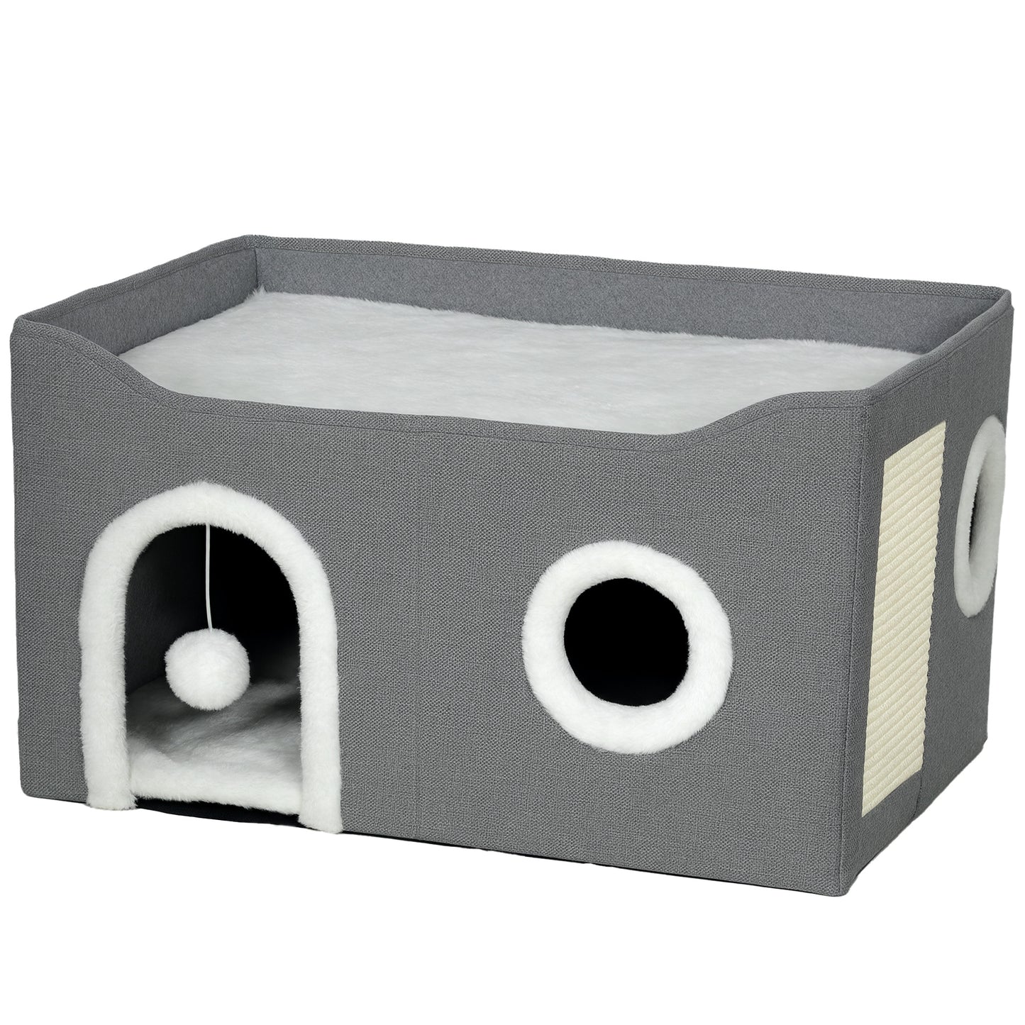 Cat Bed for Indoor Pets, Foldable Cat House with Fluffy Ball and Scratch Pad for Small and Medium Pets, Grey