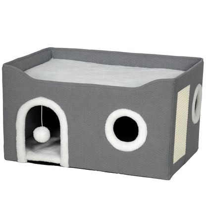 Cat Bed for Indoor Pets, Foldable Cat House with Fluffy Ball and Scratch Pad for Small and Medium Pets, Grey