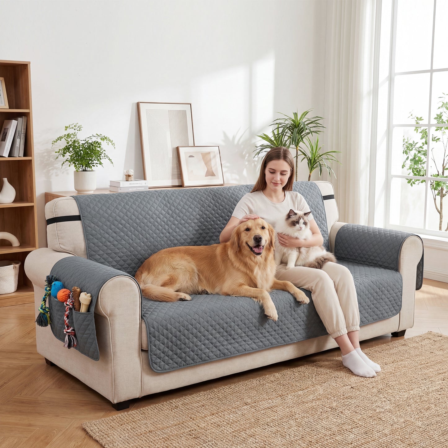 Waterproof Sofa Cover 3 Seater, Soft Couch Cover for Dogs Cats Pets, Non Slip Sofa Slipcoevr with Elastic Straps