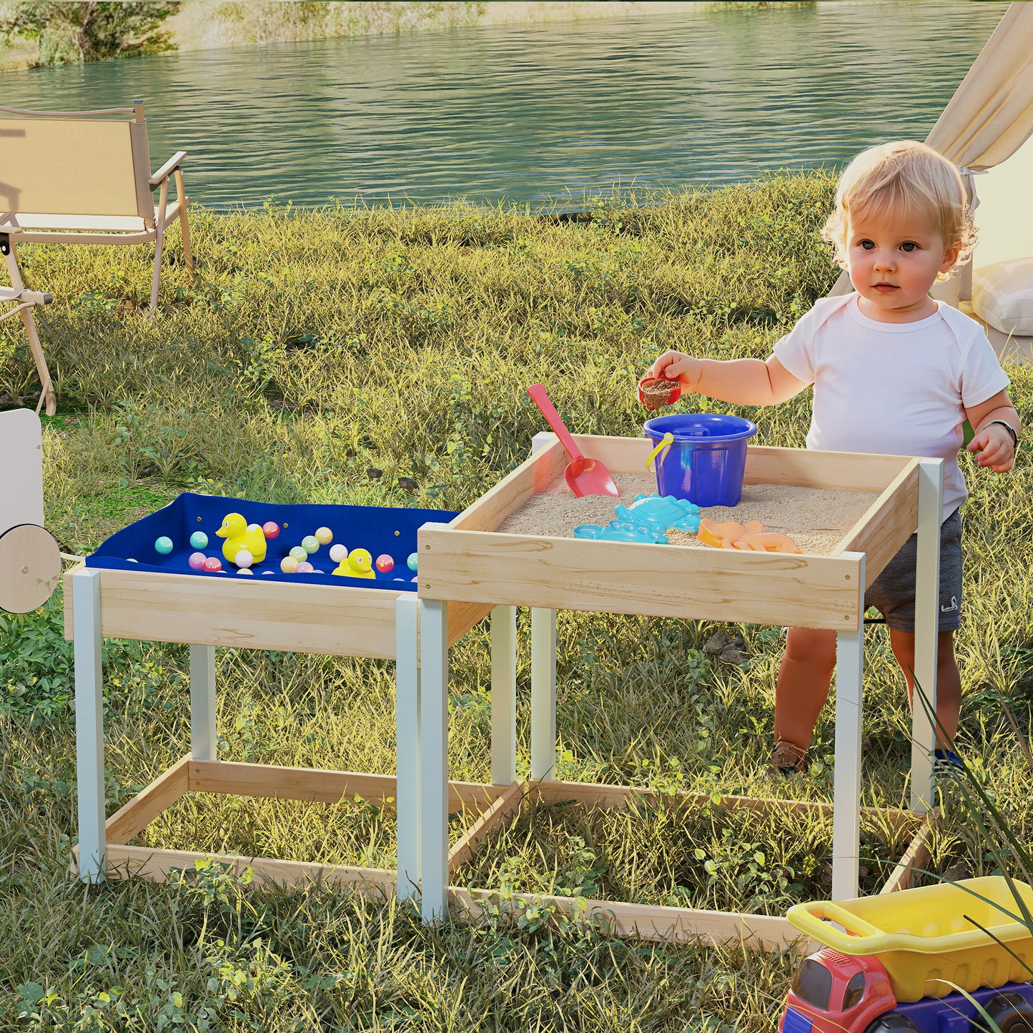 2 PCS Wooden Outdoor Sand and Water Play Tables with Bottom Liner for Kids Aged 3-8 Years Old, Natural Wood Finish