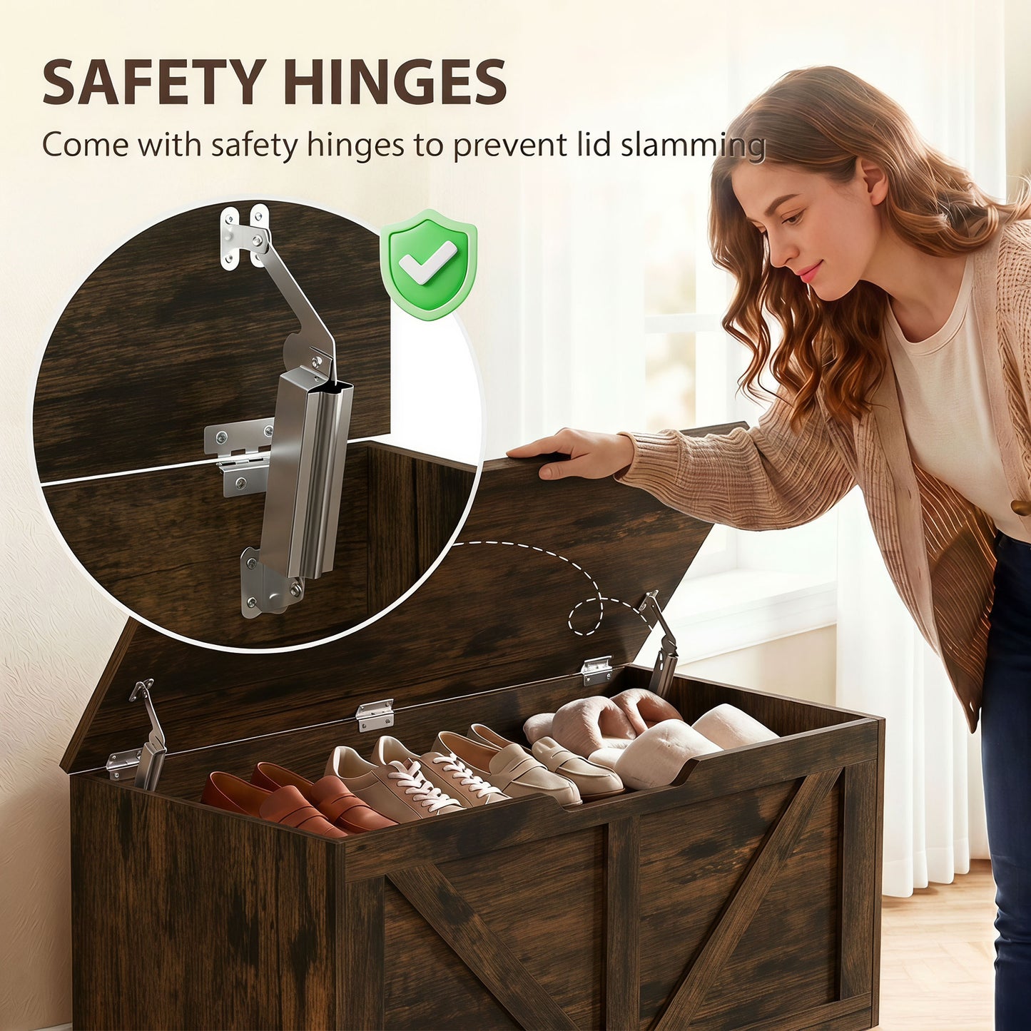 127L Home Storage Box, with Safety Hinges - Rustic Brown Wood-Effect