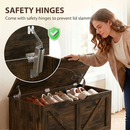 127L Home Storage Box, with Safety Hinges - Rustic Brown Wood-Effect