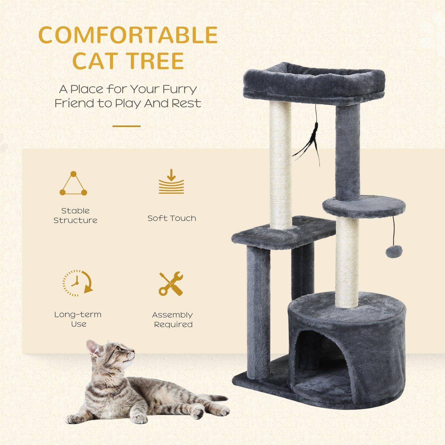 100cm Cat Tree for Indoor Cats, Cat Tower Condo for Kittens with Cat House Sisal Scratching Posts, Hanging Ball Toys