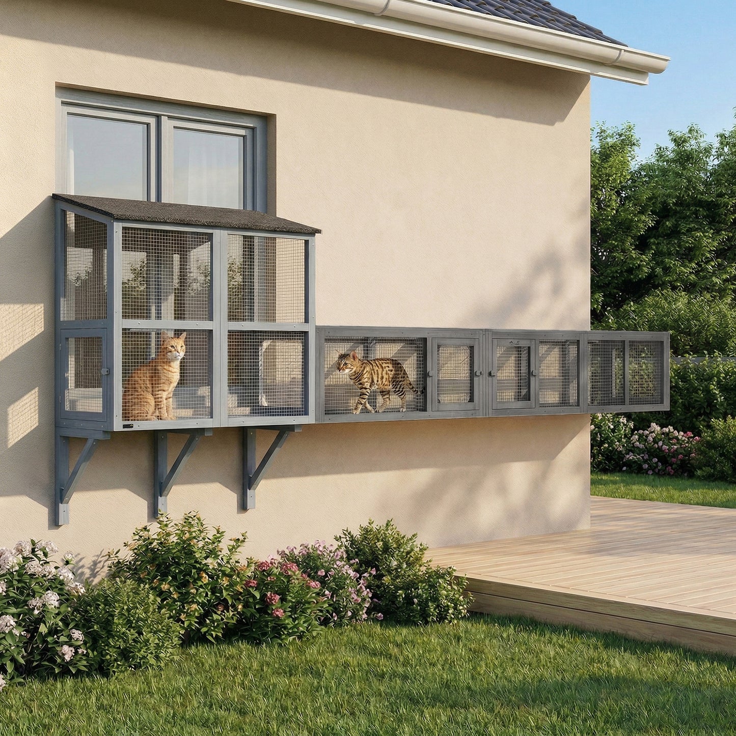 Cat Tunnel, 250cm Extra Long Wooden Cat Play Tunnel with 8 Doors, L-shape/Rectangle, Outdoor Cat Enclosure, Dark Grey