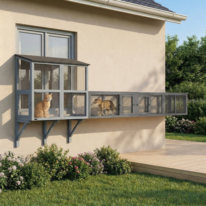 Cat Tunnel, 250cm Extra Long Wooden Cat Play Tunnel with 8 Doors, L-shape/Rectangle, Outdoor Cat Enclosure, Dark Grey