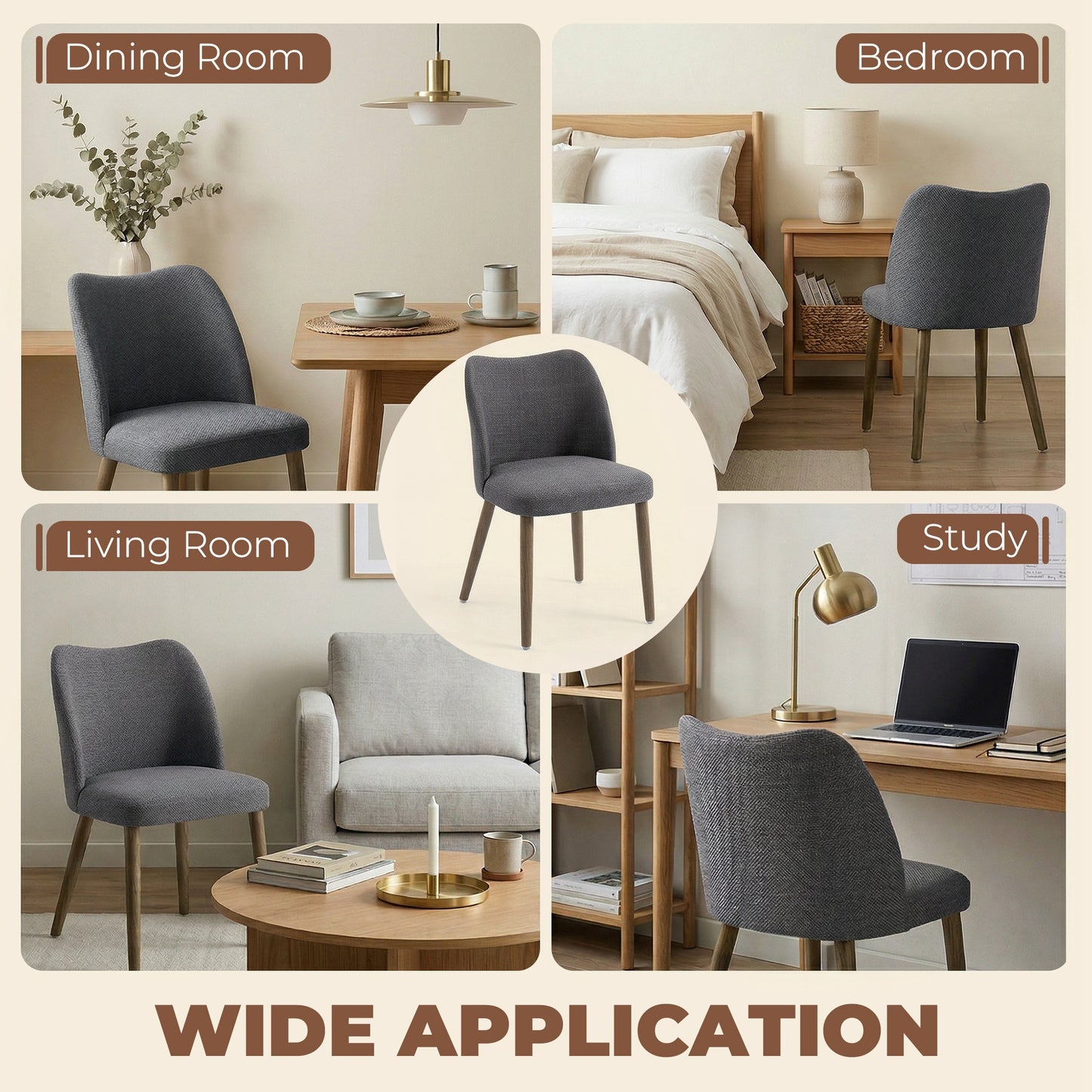 Dining Chairs Set of 2, Linen Upholstered Kitchen Chairs with Padded Seat, Curved Backrest, Rubberwood Legs, Dark Grey