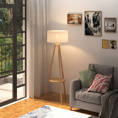 Tripod Floor Lamp, Freestanding Bedside Light Reading Light with Storage Shelf and Linen Shade for Living Room Bedroom