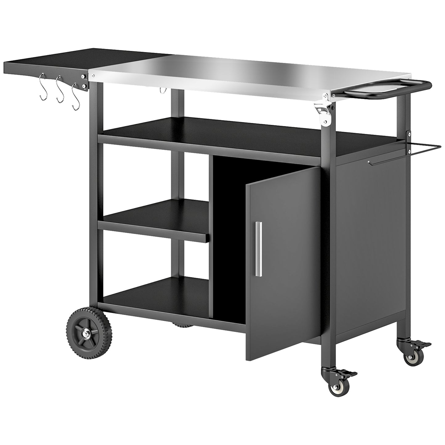 Outdoor BBQ Trolley with Foldable Side Table, Stainless Steel Top, Outdoor Kitchen with Wheels Hooks Shelves Cabinet