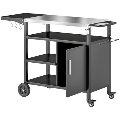 Outdoor BBQ Trolley with Foldable Side Table, Stainless Steel Top, Outdoor Kitchen with Wheels Hooks Shelves Cabinet