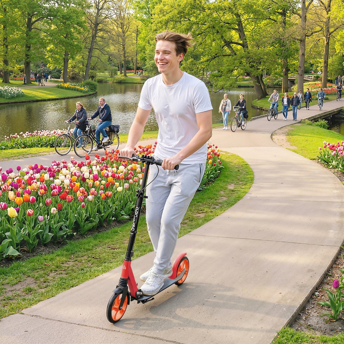 One-click Folding Kick Scooter for 14+ w/ Adjustable Handlebar, Push Scooter with Kickstand, Dual Brake System, Red