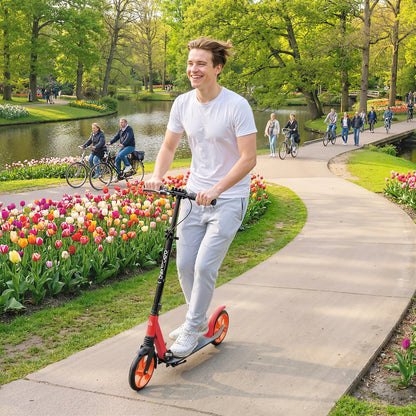 One-click Folding Kick Scooter for 14+ w/ Adjustable Handlebar, Push Scooter with Kickstand, Dual Brake System, Red
