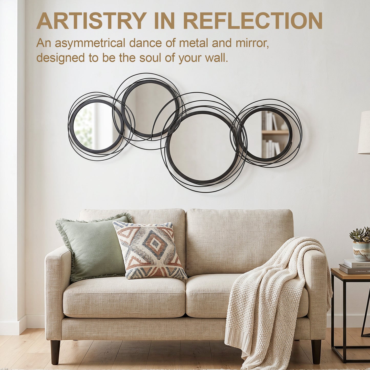 Metal Wall Art 56cm Modern Decorative Mirror Decor for Living Room Bedroom Dining Room, Black