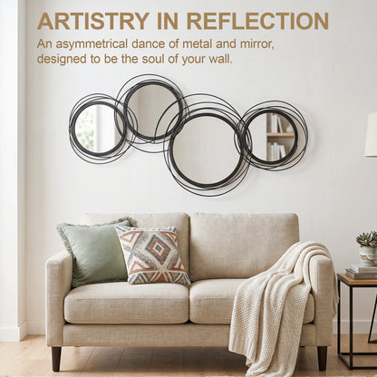 Metal Wall Art 56cm Modern Decorative Mirror Decor for Living Room Bedroom Dining Room, Black