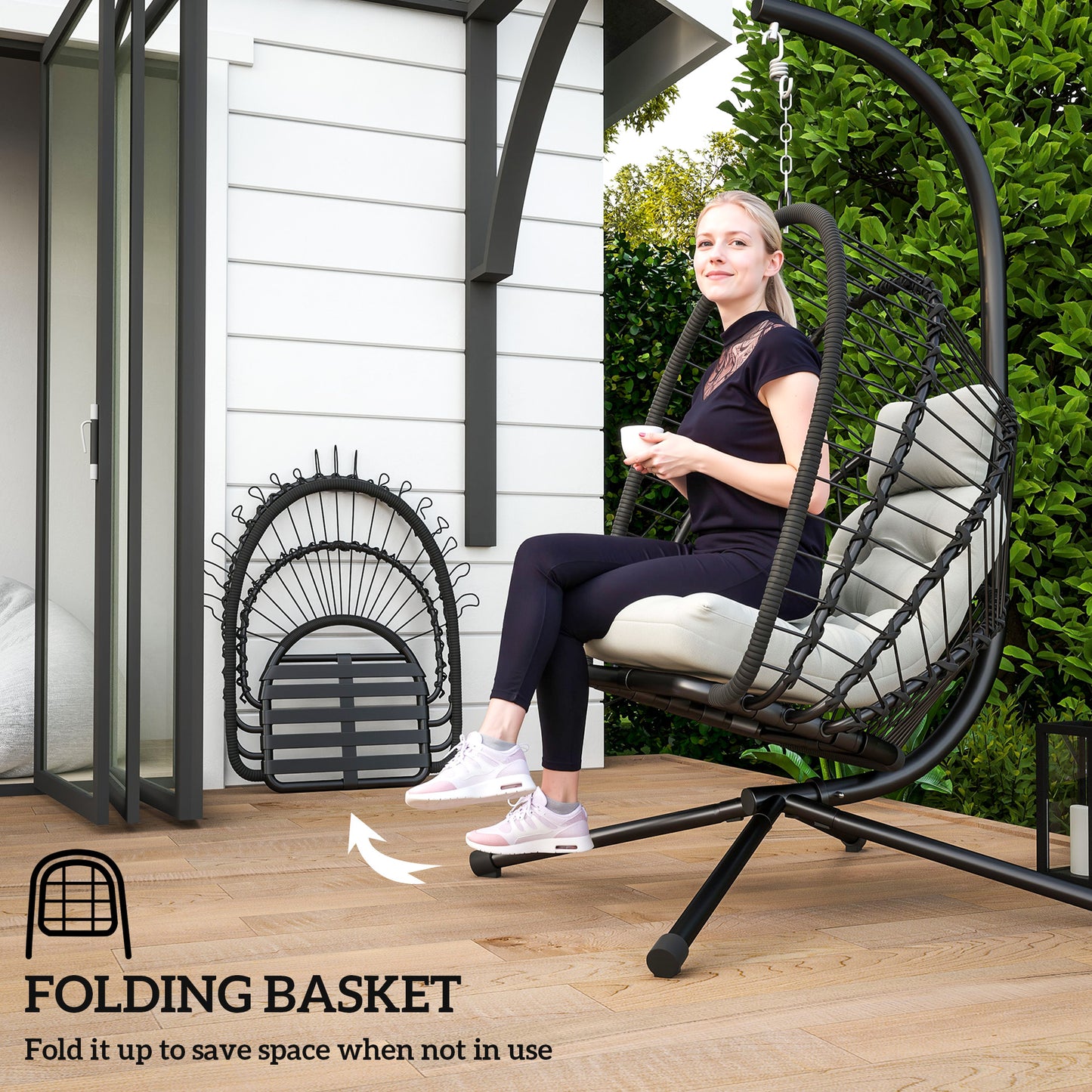 Outdoor PE Rattan Swing Chair with Foldable Basket and Cushion, Garden Patio Hanging Egg Chair with Metal Stand