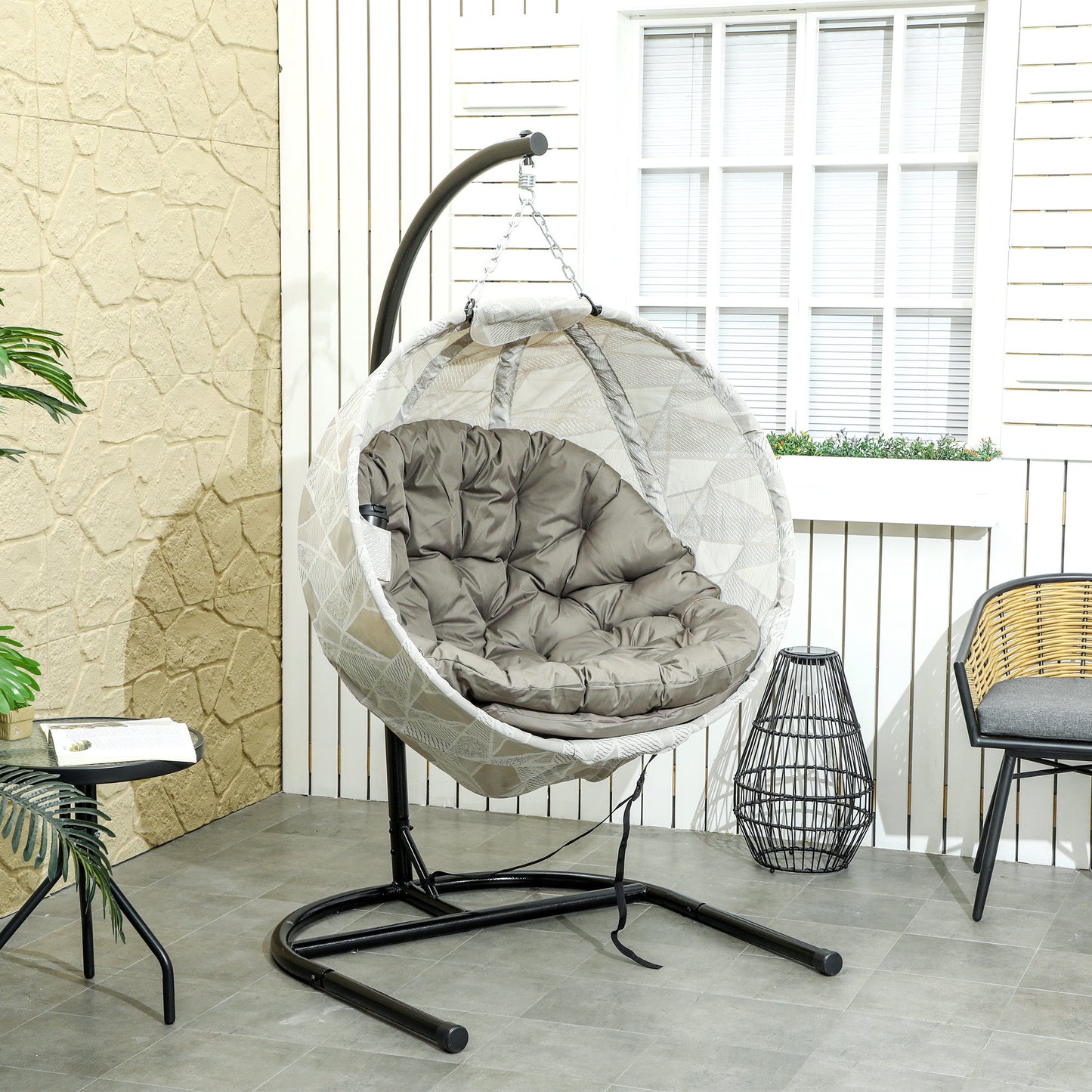 Hanging Egg Chair Outdoor Indoor Garden Swing Chair with Folding Basket, Garden Hanging Chair with Stand, Thickened Cushion