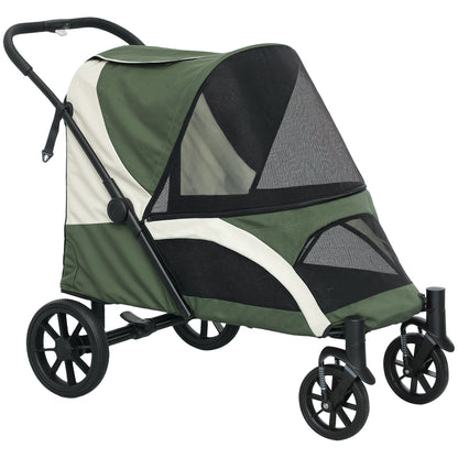 Foldable Pet Stroller for Medium Dogs with Four Big Wheels, Shock-Absorbing Frame, Safety Leashes, Brakes, Dark Green