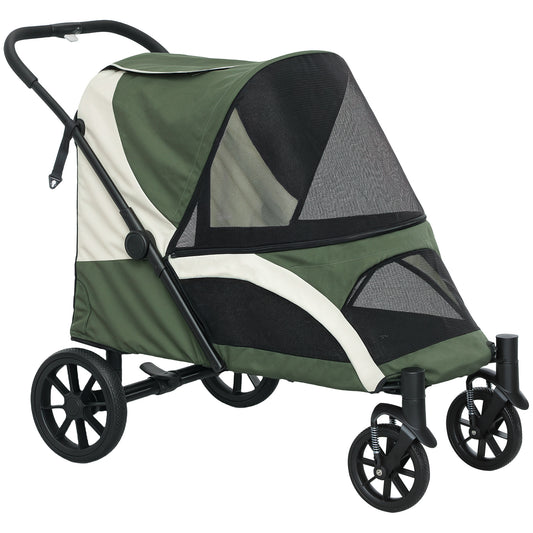 Foldable Pet Stroller for Medium Dogs with Four Big Wheels, Shock-Absorbing Frame, Safety Leashes, Brakes, Dark Green