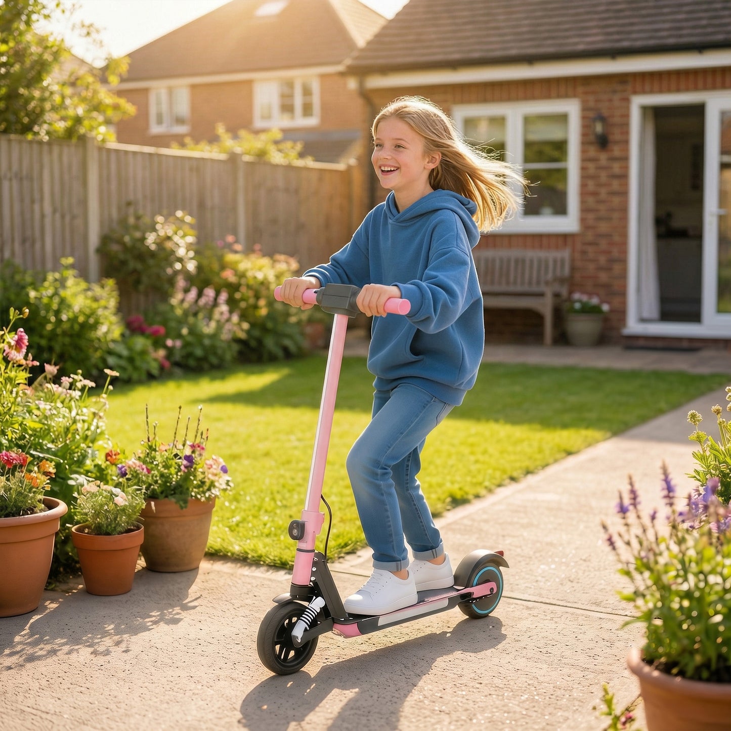 Folding Electric Scooter for Kids, with Dual Brakes, Front Suspension, LED Colourful Lights, Pink