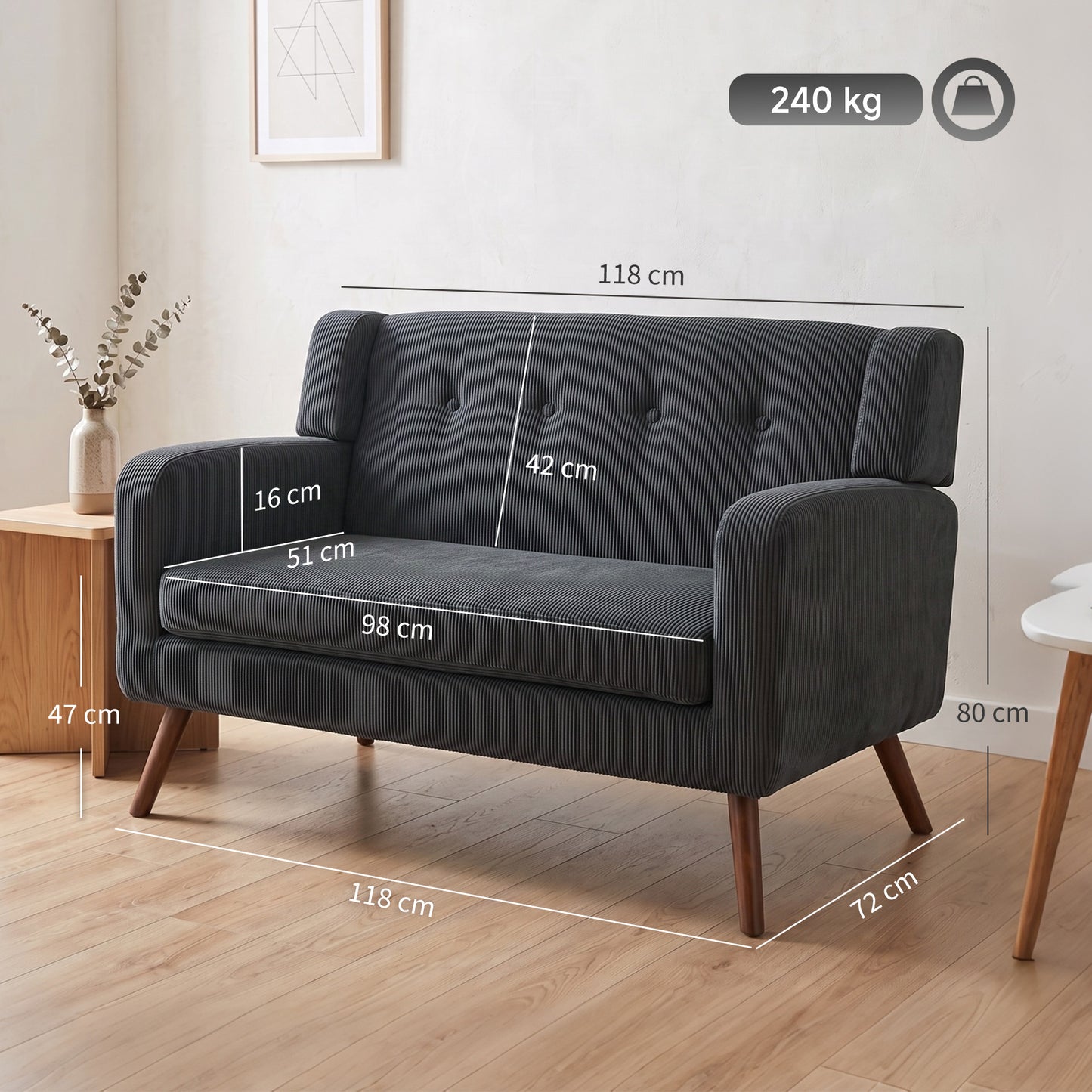 2 Seater Sofa, 118 cm Corduroy Small Loveseat with Spring Cushion, Wood Legs for Small Space, Living Room, Dark Grey