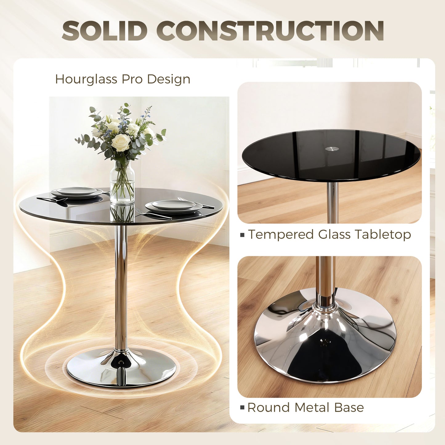 Round Bar Table, Modern Dining Table with Tempered Glass Top and Steel Frame for 4, 70 x 70 x 75.5cm, Black