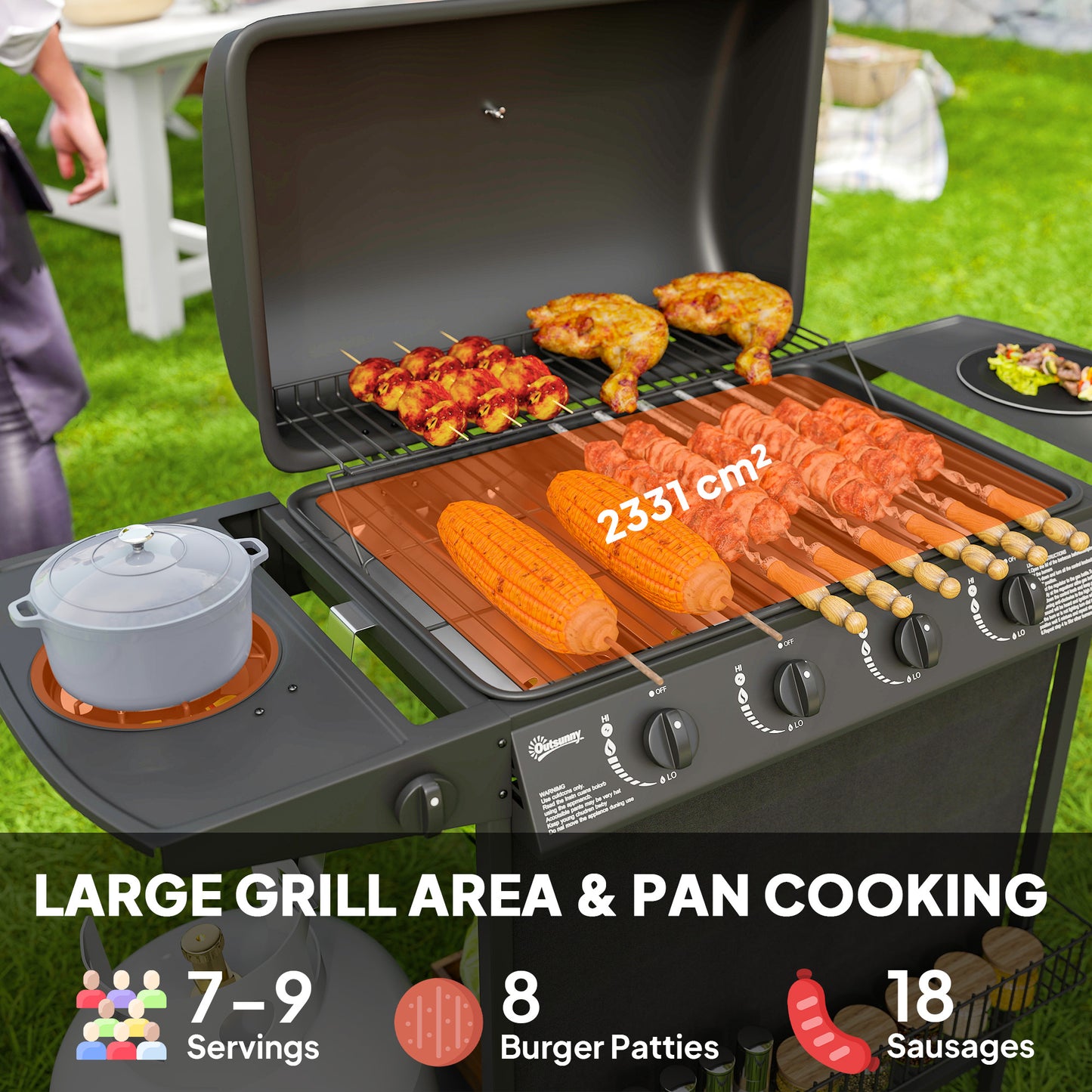 4+1 Burner Gas BBQ Grill, Portable Gas Barbecue Grill with Built-in Thermometer, Lid, Side Table, Shelf, Spice Rack, Wheels