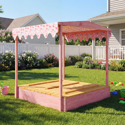 Wooden Sandbox with Lid, Flamingos Print Canopy, Kids Outdoor Sand Pit with Foldable Bench Seats, Bottom Liner, Pink