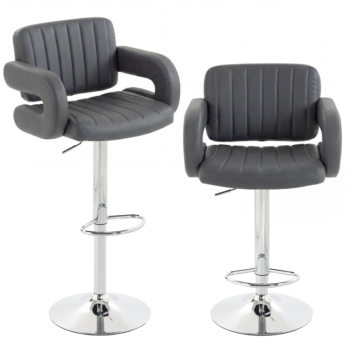 Bar Stools Adjustable Swivel Kitchen Chairs with Backrest Armrest Set of 2 PU Leather Grey