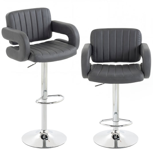 Bar Stools Adjustable Swivel Kitchen Chairs with Backrest Armrest Set of 2 PU Leather Grey
