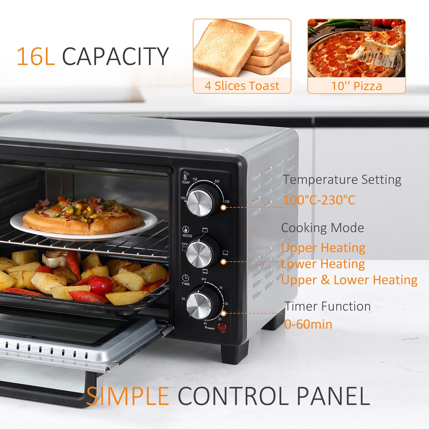 16L Mini 1400W Countertop Oven - Black/Silver Tone