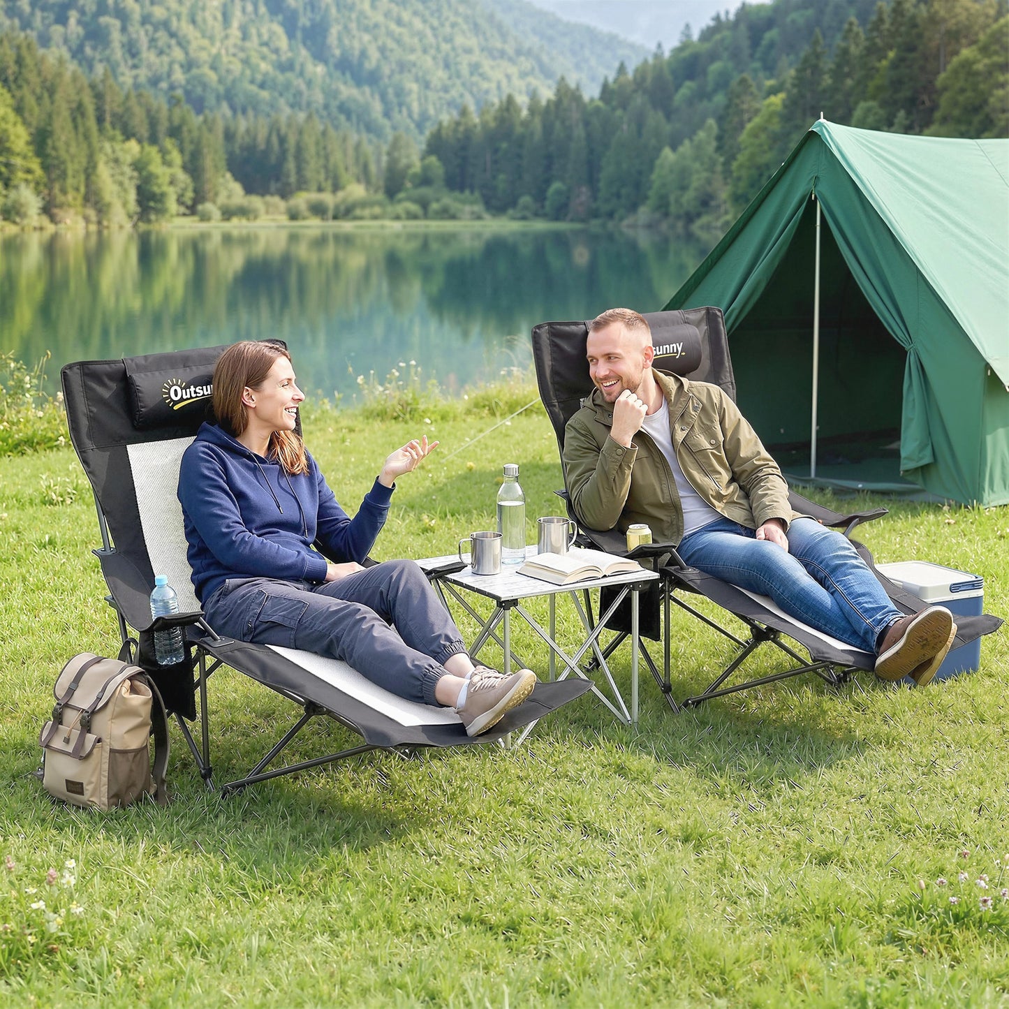 Camping Chair Reclining Portable Camp Chair with Detachable Footrest Cup Holder Black