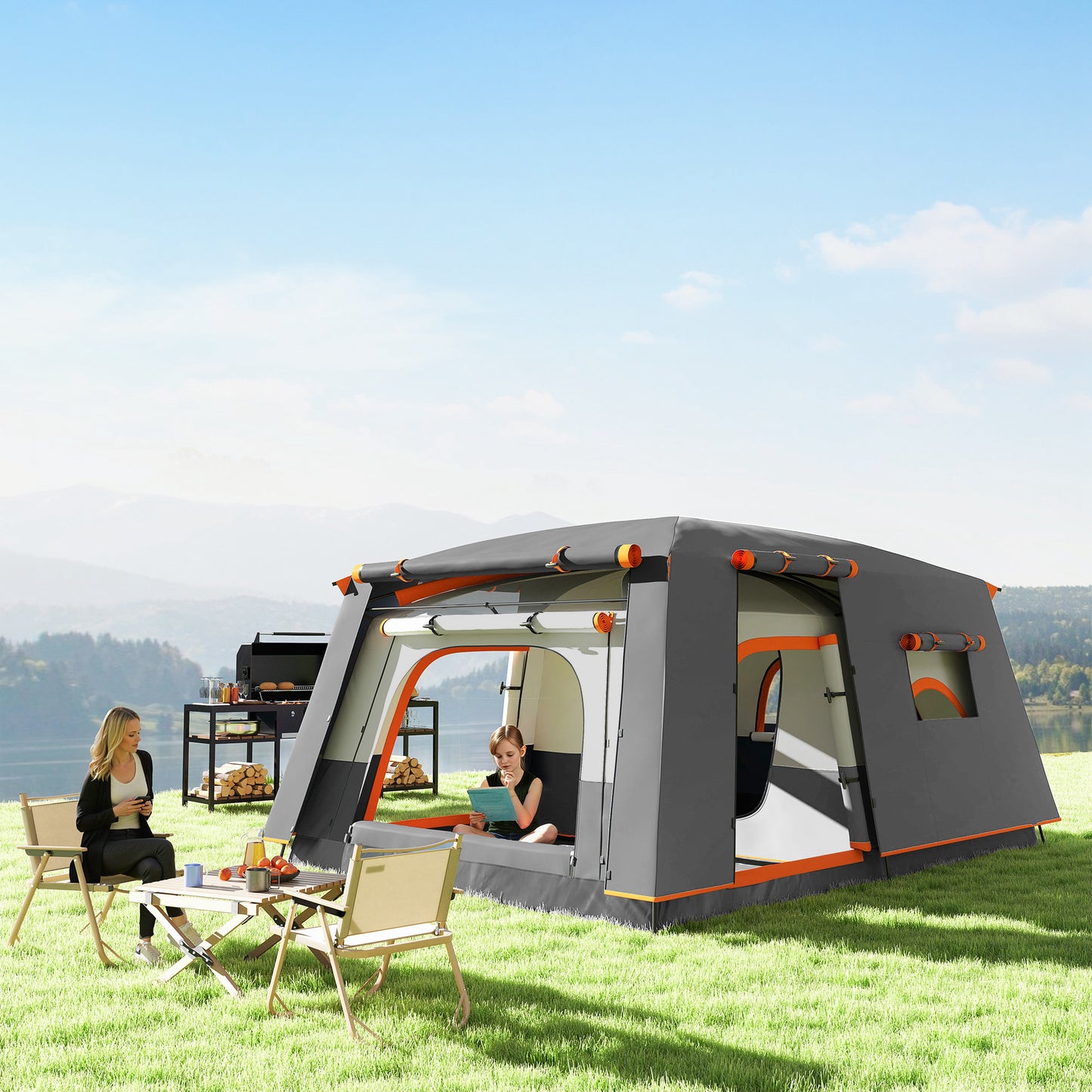 4 Man Camping Tent, Double Layer Tunnel Tent with Porch, Living Area and 2 Bedrooms, Sewn in Groundsheet
