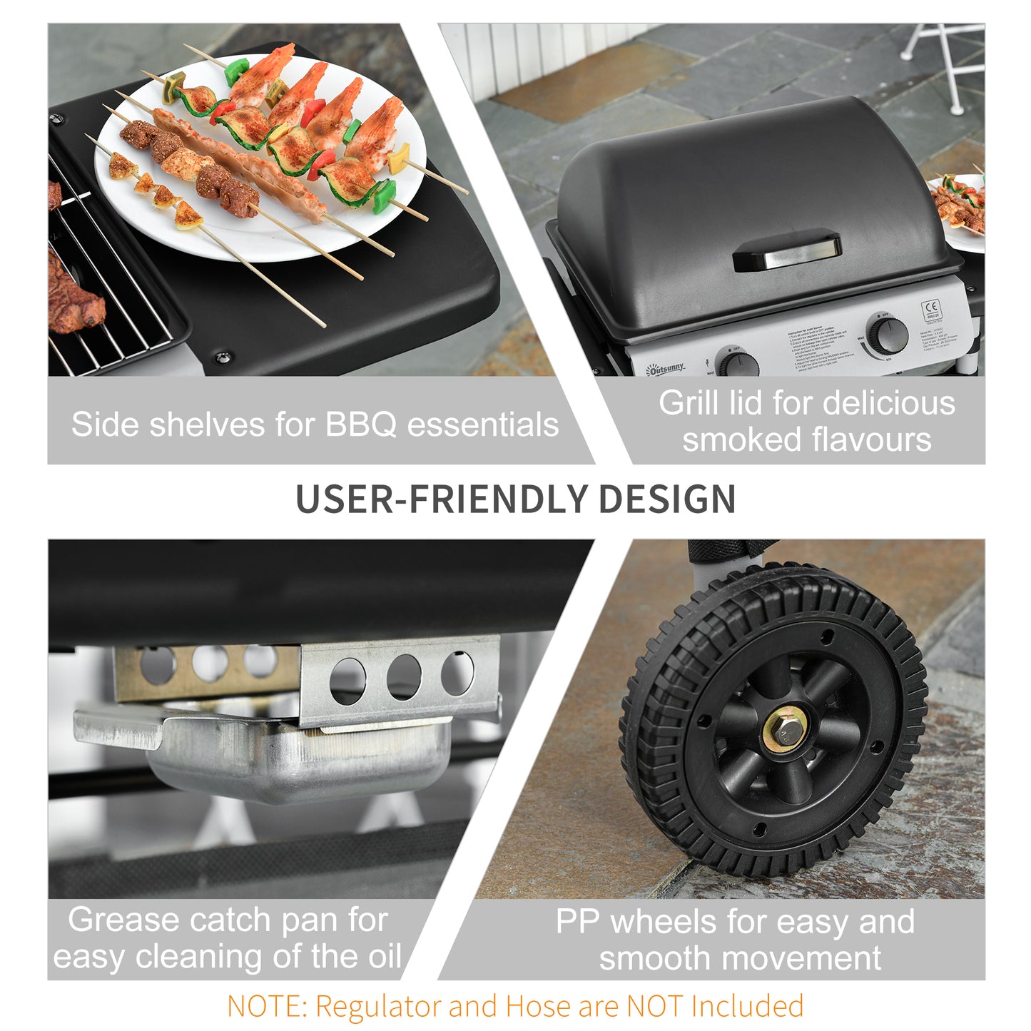 2 Burner Gas BBQ Trolley with Lid, 5.6 kW Gas Barbecue Grill with Wheels